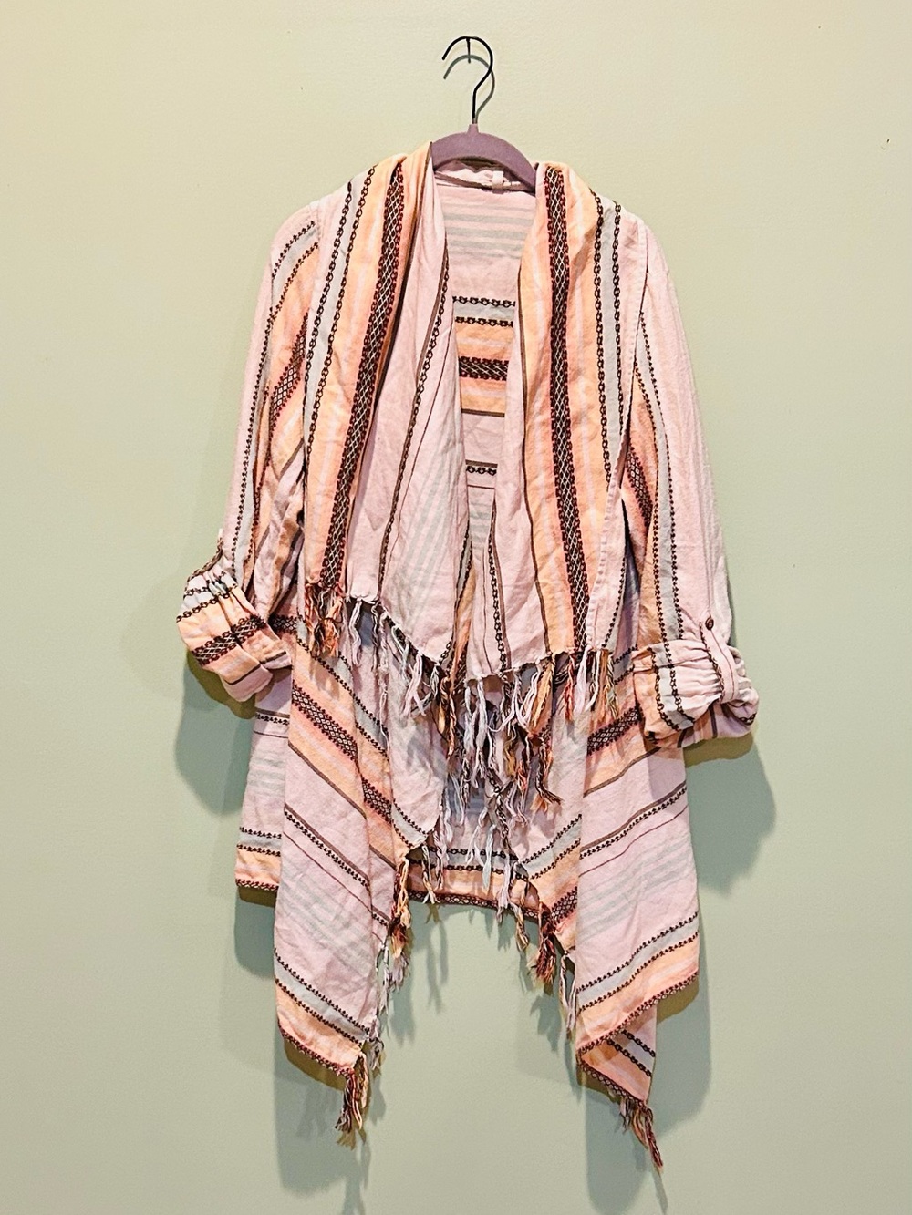 gimmicks by BKE Pink & Peach Striped Fringe Open-Front Cape